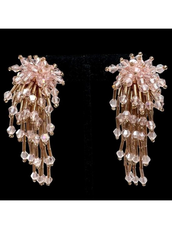 Pink Linen Jewelry - Cha-Cha Waterfall Dangle Earrings Pierced Barbie Pink Gold Sparkle Fireworks